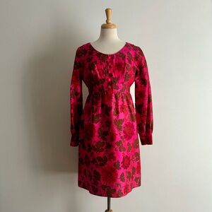 Vintage 60s Shantung Silk Dark Pink Floral Empire Waist Party Holiday Dress S
